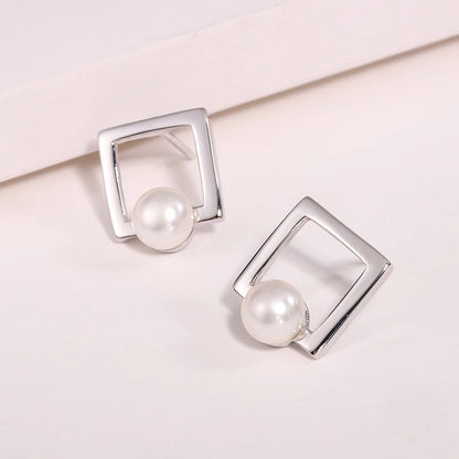 Fashion jewelry 925 sterling silver real pearl women square stud earrings with freshwater pearl for women