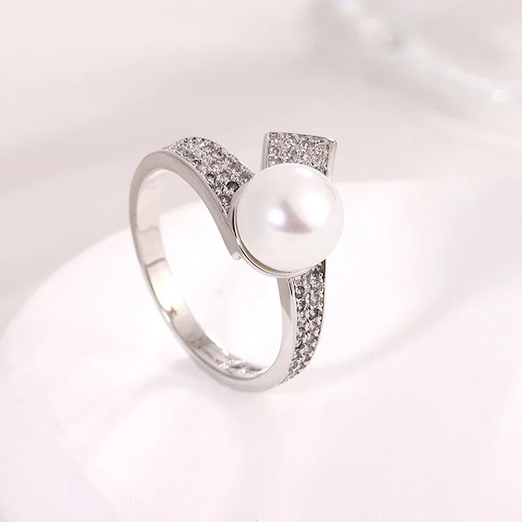 Women's jewelry 925 sterling silver diamond set cultured pearl ring