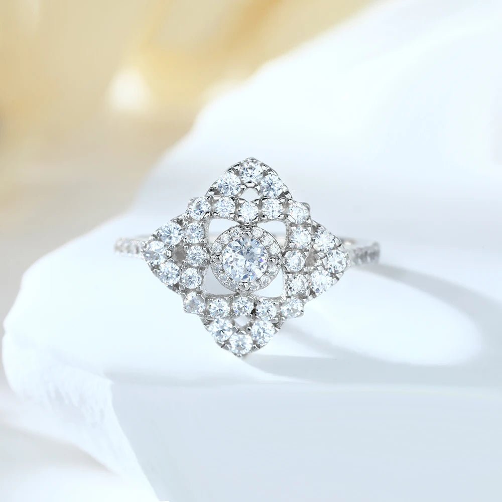 Custom Silver Rings Jewelry Women Full-diamond Zircon Flower Shaped Non Fading Engagement Rings 925 Sterling Silver