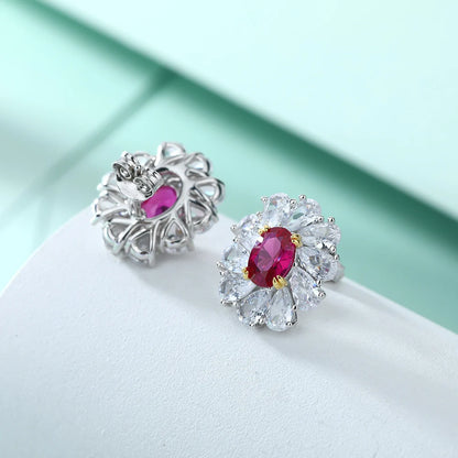 Silver Jewelry Flower Shaped Red Zirconia Gemstone Rhodium Plated Real Silver Shiny Earrings for Women