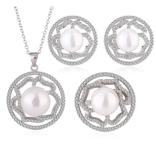 Fashion fine jewelry sets silver pearl ring earrings and pendant necklace set