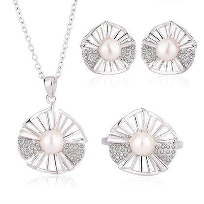 Wholesale fashion luxury 925 sterling silver woman jewelry sets ring pendant necklace and studs earrings set