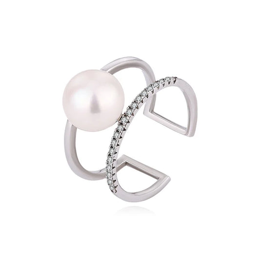 Simple double ring open adjustable custom diamond setting 925 sterling silver engagement ring with a pearl