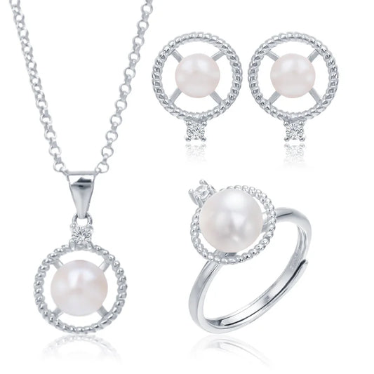 Fashionable 925 silver jewelry set, pearl jewelry, earrings, rings, necklaces, perfect for various occasions such as weddings.