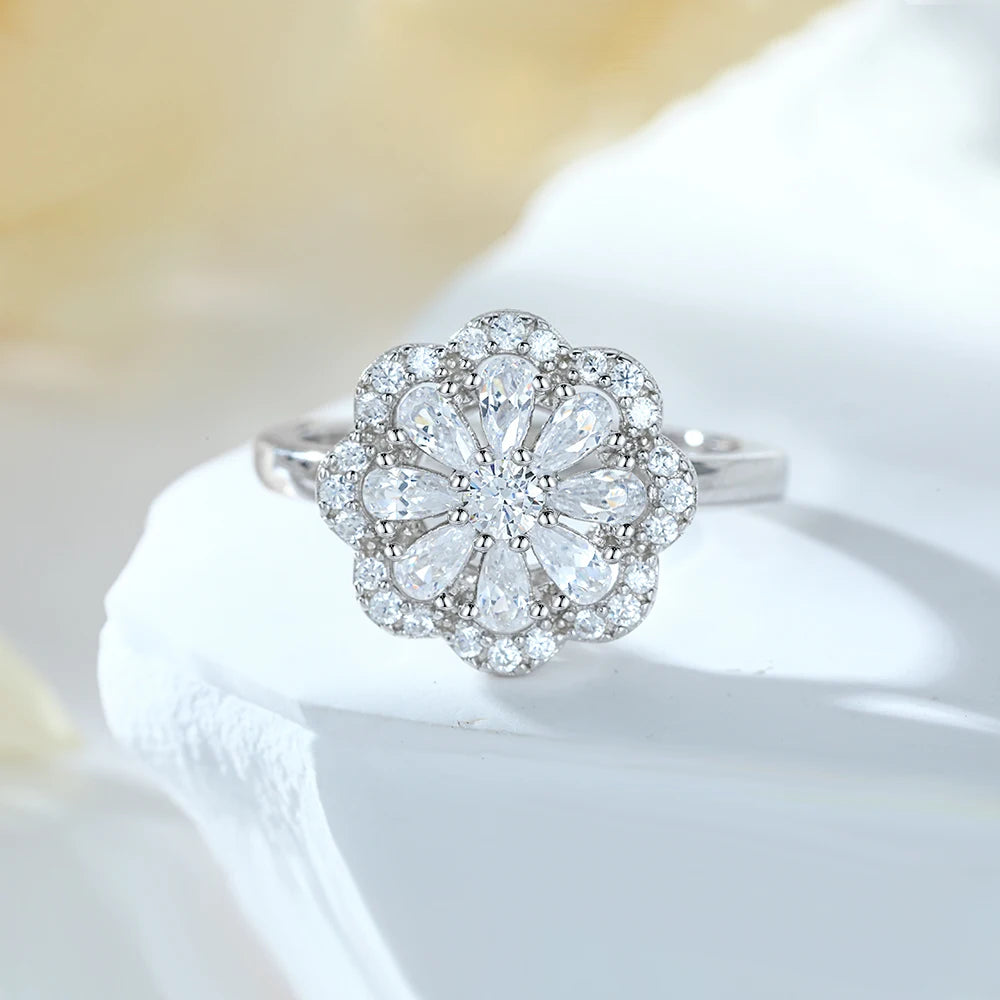 Fashion Silver Rings Women Jewelry Full-diamond Zircon Flower Shaped Non Tarnish Women Wedding Rings 925 Silver