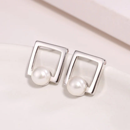 Fashion jewelry 925 sterling silver real pearl women square stud earrings with freshwater pearl for women