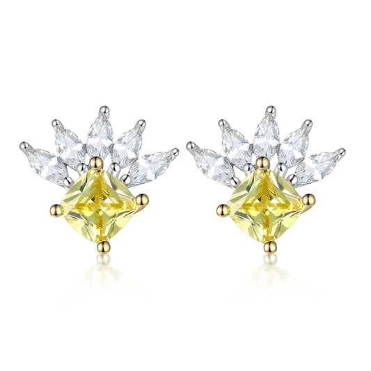 Fashion Studs Silver Jewelry Citrine Yellow Zirconia Shiny Feather Shaped Earring Real Silver Earring Studs for Party