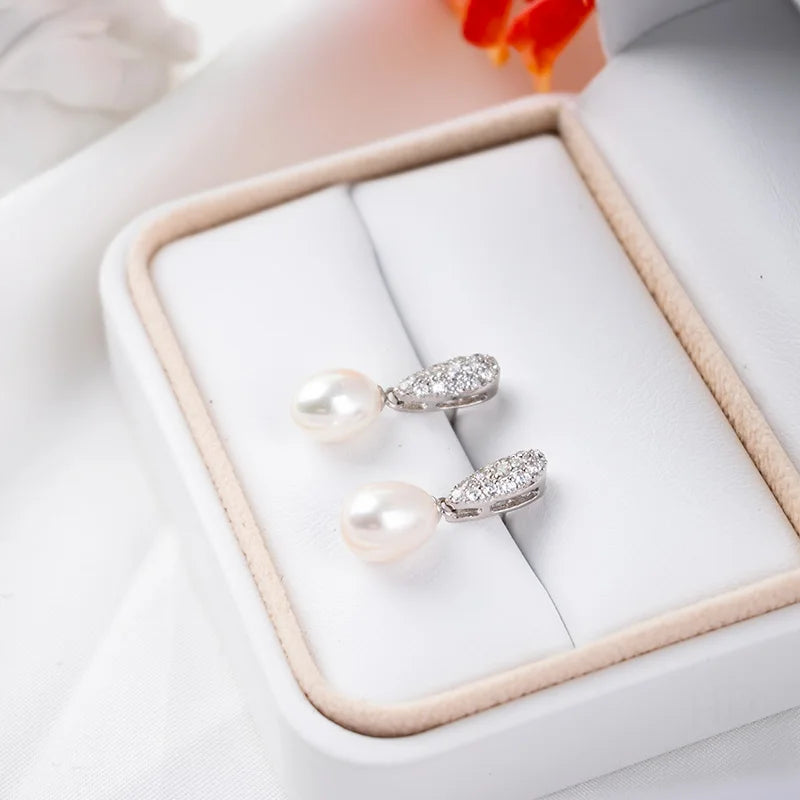 Statement White Cubic Zircon S925 sterling silver chic freshwater pearl pendant drop stud earrings  Gifts earrings for Women