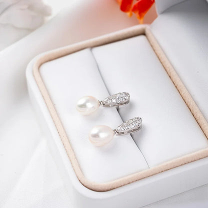 Statement White Cubic Zircon S925 sterling silver chic freshwater pearl pendant drop stud earrings  Gifts earrings for Women