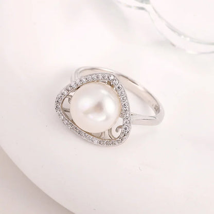 Cubic zirconia diamond setting round triangle dainty 925 sterling silver freshwater pearl ring for women