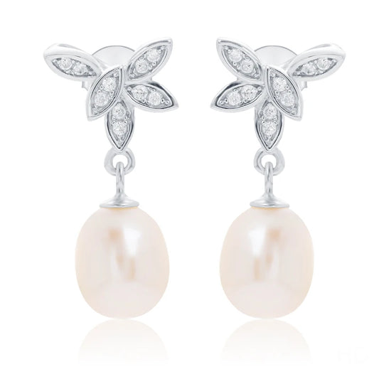 Zirconia fashion statement 925 sterling silver flower freshwater pearl dangle drop earrings with small zircon