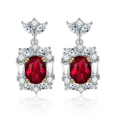 Luxury Long Earring Initial Ruby Gemstone Oval Cut 6*8mm Gold Plated Claw Setting Shiny Design 925 Sterling Silver Earring Studs