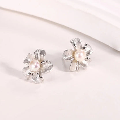 Flower floral studs 925 sterling silver real freshwater cultured pearl earrings