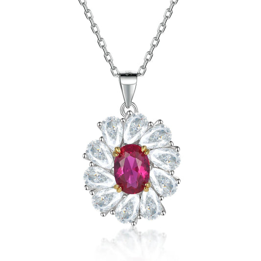 Luxury Fancy Colored Initial Ruby Gemstone Oval Cut 8*10mm Sunflower Shaped Pendant Necklaces 925 Silver