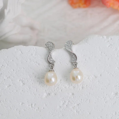 Unique statement crystal diamond setting 925 sterling silver freshwater pearl dangle drop earrings