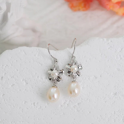 Bulk mixed fashion women flower petal 925 sterling silver pearl dangle drop hook earrings