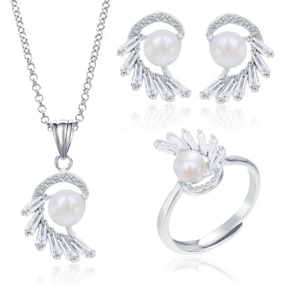 Fashionable 925 silver jewelry set, pearl jewelry, earrings, rings, necklaces, perfect for various occasions such as weddings.