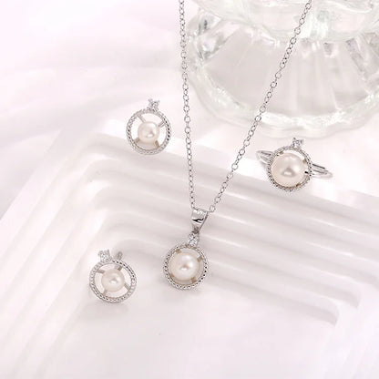 Fashion fine jewelry sets silver pearl ring earrings and pendant necklace set