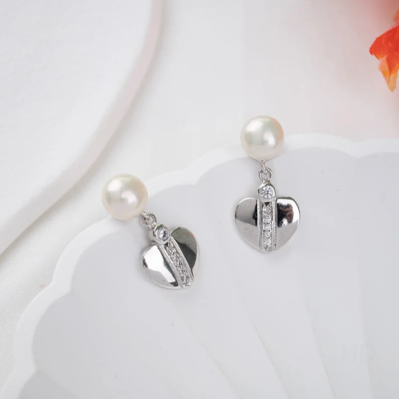 925 Sterling Silver Rhodium Plated Heart Freshwater Pearl pendant drop stud earrings Earrings for Women Wedding Party Gift