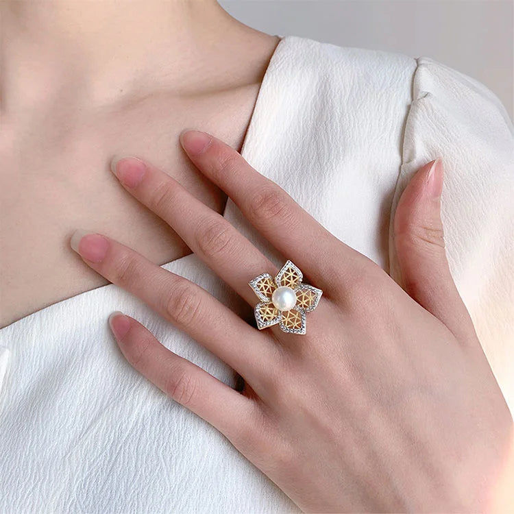 14k 18k Gold plated sterling silver pearl flower wedding engagement ring for ladies women