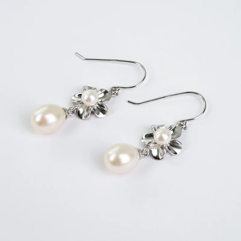 Bulk mixed fashion women flower petal 925 sterling silver pearl dangle drop hook earrings