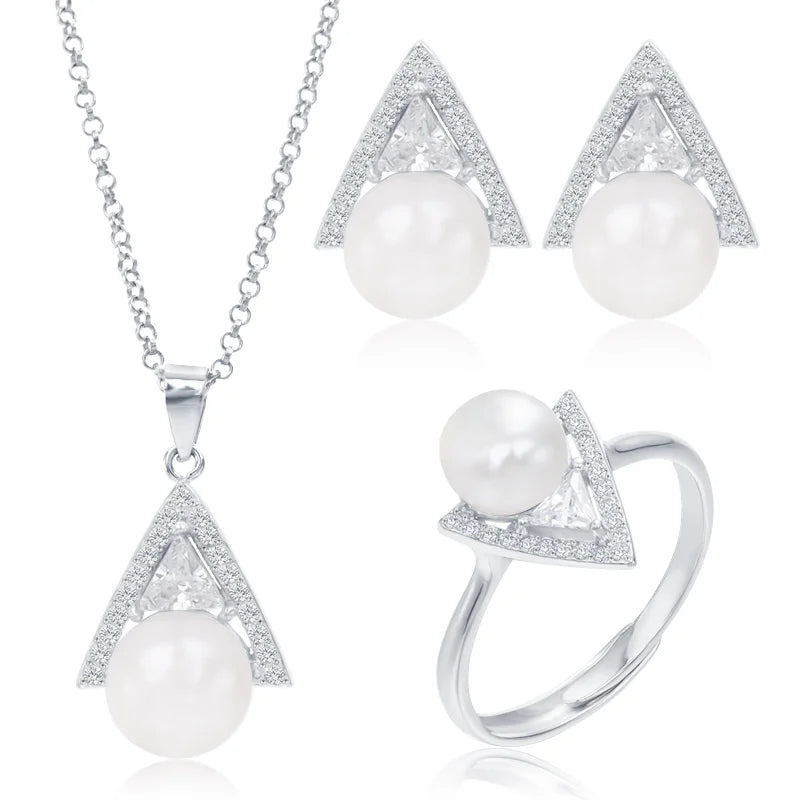 Fashionable 925 silver jewelry set, pearl jewelry, earrings, rings, necklaces, perfect for various occasions such as weddings.