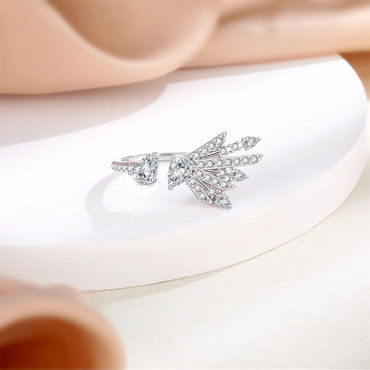 Trendy Feather Shaped Adjustable Rings Rhodium Plated Pear Zirconia Sterling 925 Party Rings for Women