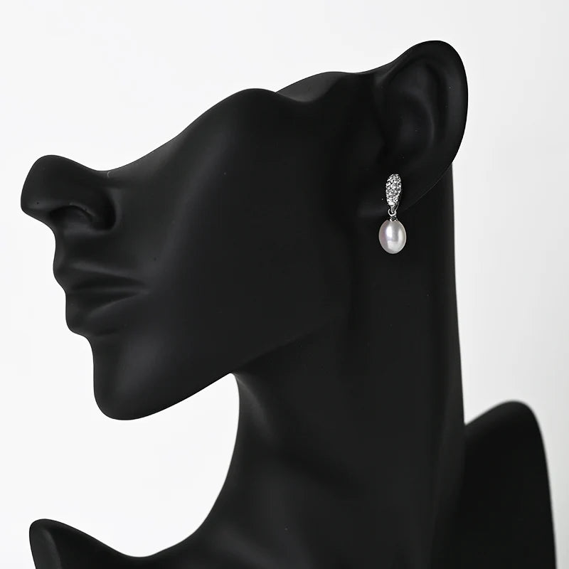 Statement White Cubic Zircon S925 sterling silver chic freshwater pearl pendant drop stud earrings  Gifts earrings for Women