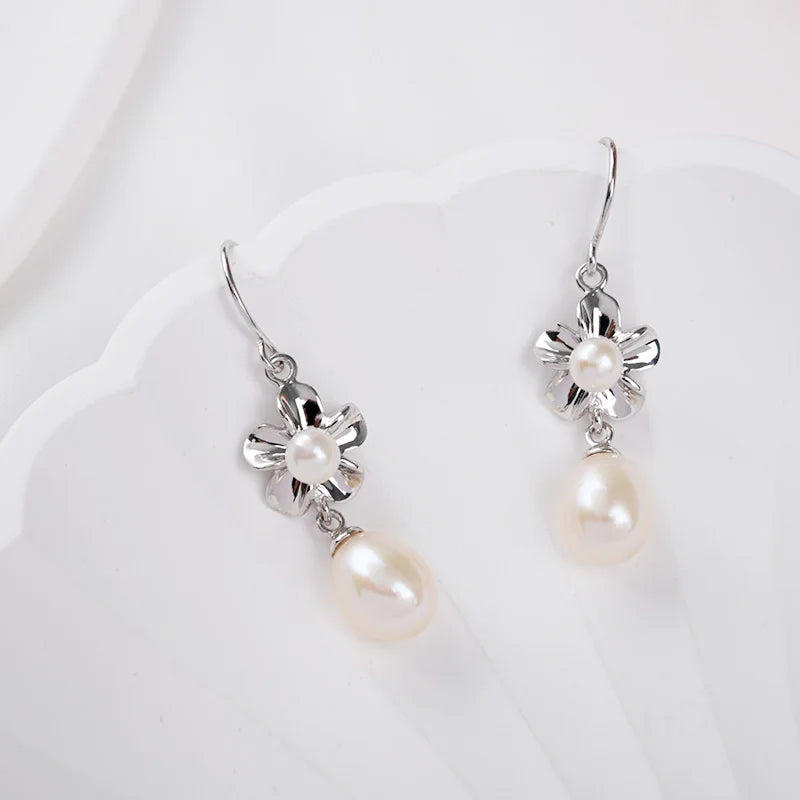 Bulk mixed fashion women flower petal 925 sterling silver pearl dangle drop hook earrings