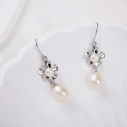 Bulk mixed fashion women flower petal 925 sterling silver pearl dangle drop hook earrings