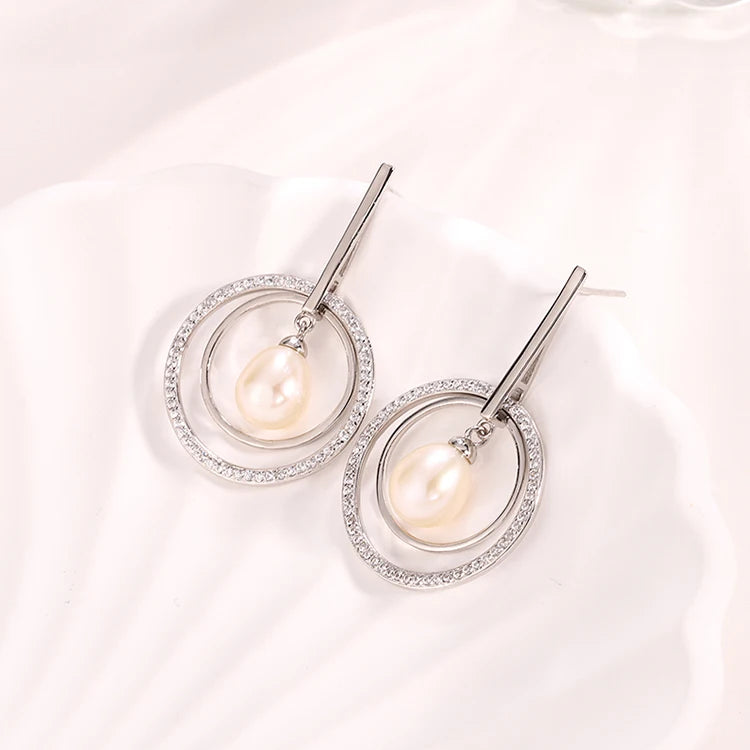 Fine Jewellery White Cubic Zircon Elegant Sterling Silver 925 Fresh Water Pearl Earrings for Women Wedding Party Gift