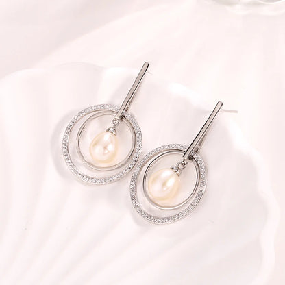 Fine Jewellery White Cubic Zircon Elegant Sterling Silver 925 Fresh Water Pearl Earrings for Women Wedding Party Gift