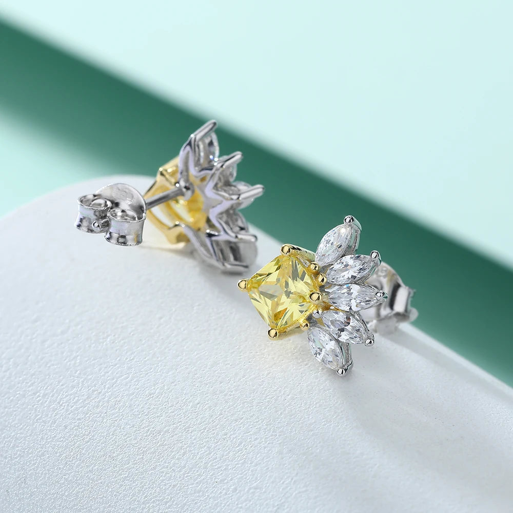 Fashion Studs Silver Jewelry Citrine Yellow Zirconia Shiny Feather Shaped Earring Real Silver Earring Studs for Party