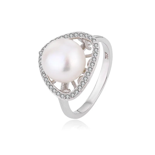 Cubic zirconia diamond setting round triangle dainty 925 sterling silver freshwater pearl ring for women