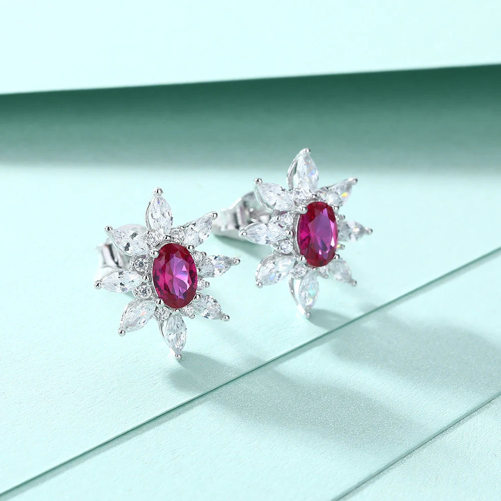 Fine Jewelry Sunflower Shaped Studs Fancy Colored Initial Ruby Gemstone Shiny Earring Studs 925 Silver