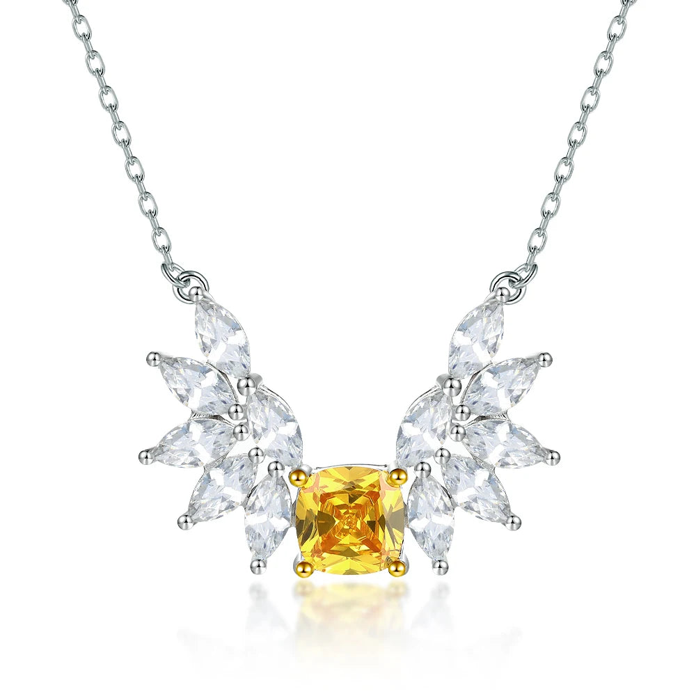 Luxury Feather Shaped Pendant Citrine Yellow Zirconia Cushion Cut 7*7mm 925 Silver Necklaces for Party