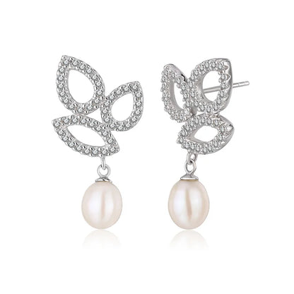 Cubic zirconi crystal diamond dangle drop 925 sterling silver freshwater cultured pearl earrings