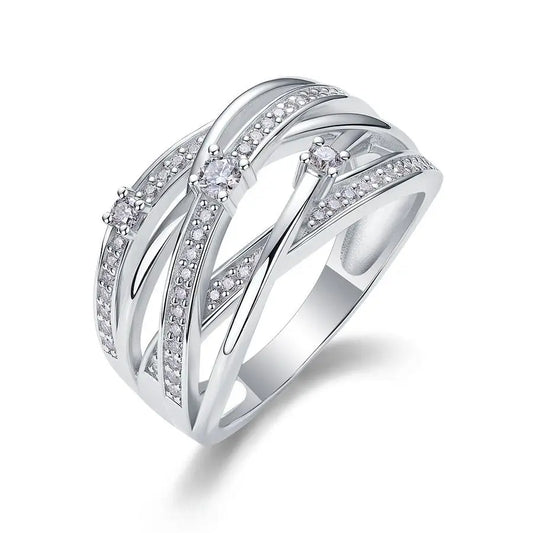 0.345cttw Multi-Layered Moissanite Criss-Cross Ring - S925 Sterling Silver Statement Ring with Sparkling Stones