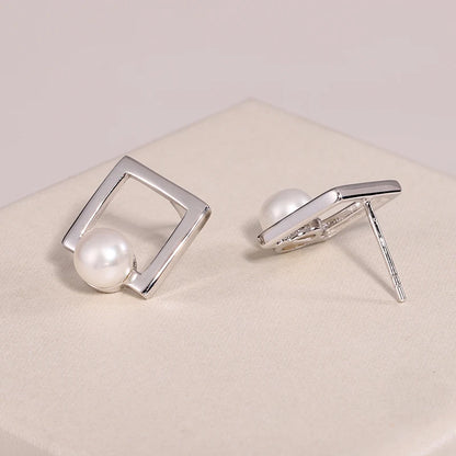 Fashion jewelry 925 sterling silver real pearl women square stud earrings with freshwater pearl for women