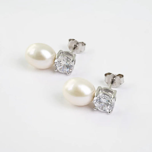 Original modern statement 925 sterling silver cultured teardrop pearl stud earrings with zircon diamond