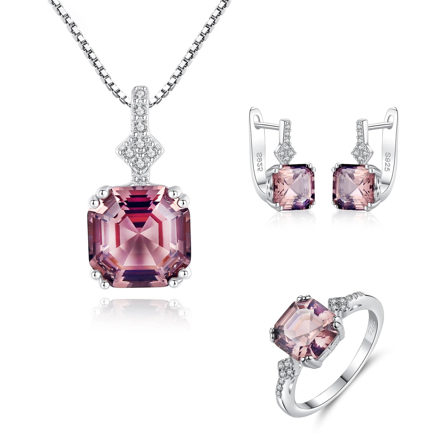 Jewelry Set 925 Sterling Silver Women Jewelry Colorful Stone Ring Necklace Earring Rhodium Plated Jewelry Sets