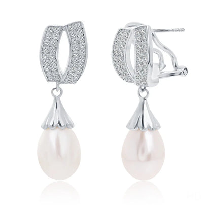 very high quality class freshwater pearl drop earrings cubic zirconia rhodium plated silver jewelry for wedding