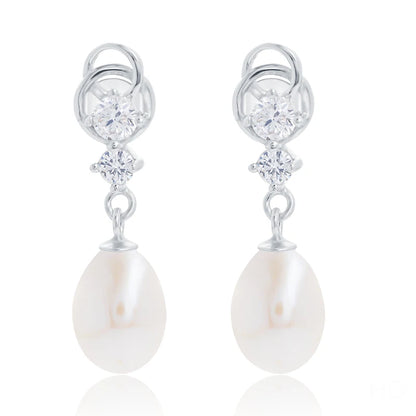 New designs cubic zirconia 925 sterling silver freshwater pearl dangle drop zircon earrings