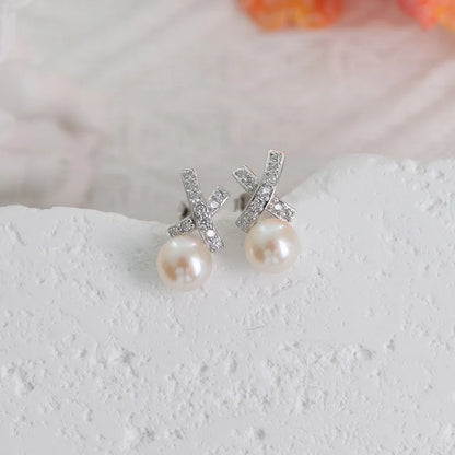 High quality multi cubic zirconia zircon lady woman wedding 925 sterling silver freshwater pearl post stud earrings