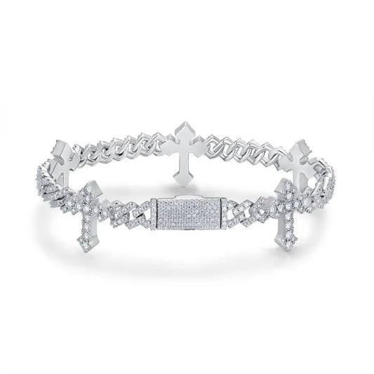 Moissanite Tennis Bracelet with Cross Arrow Design - Lab-Created Moissanite, 925 Silver with 18K Gold Plating, Unisex