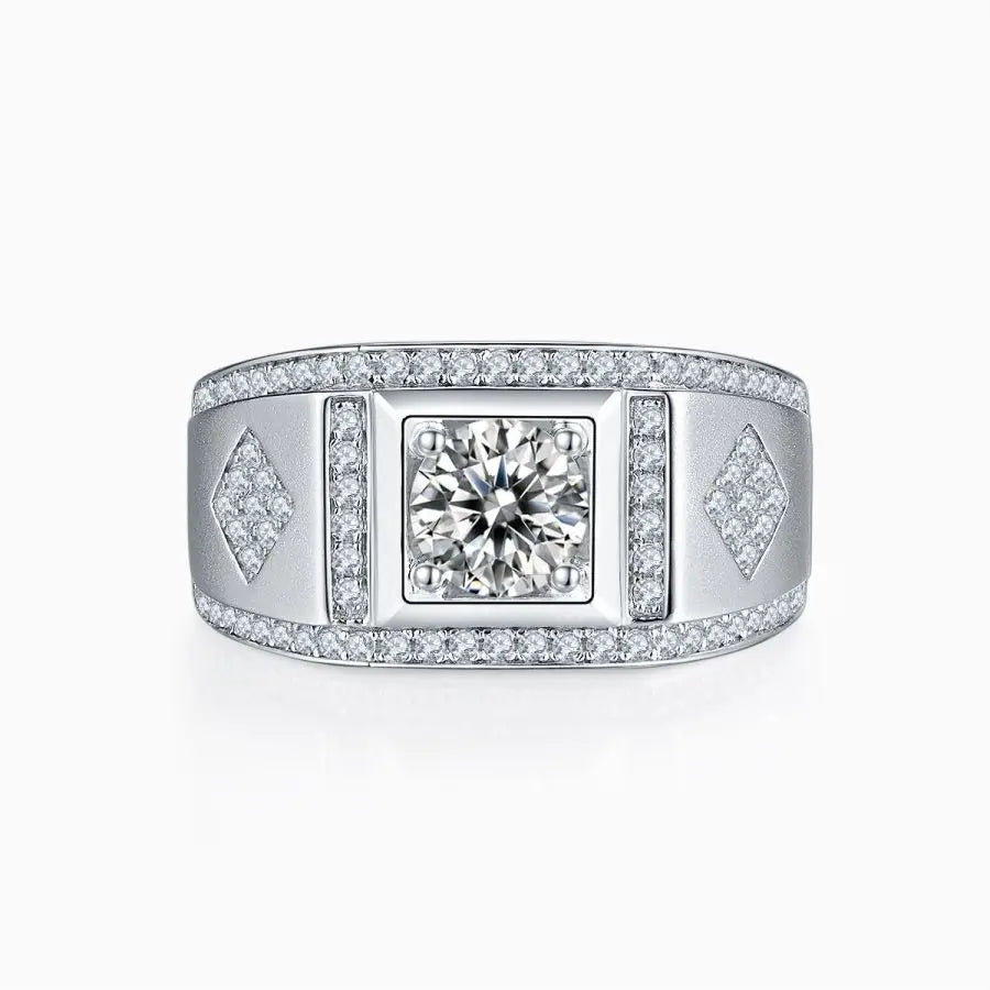 Vintage 1 Ct Round Cut Moissanite Men's Ring - S925 Silver with Rectangular Setting, Perfect for Engagement and Wedding