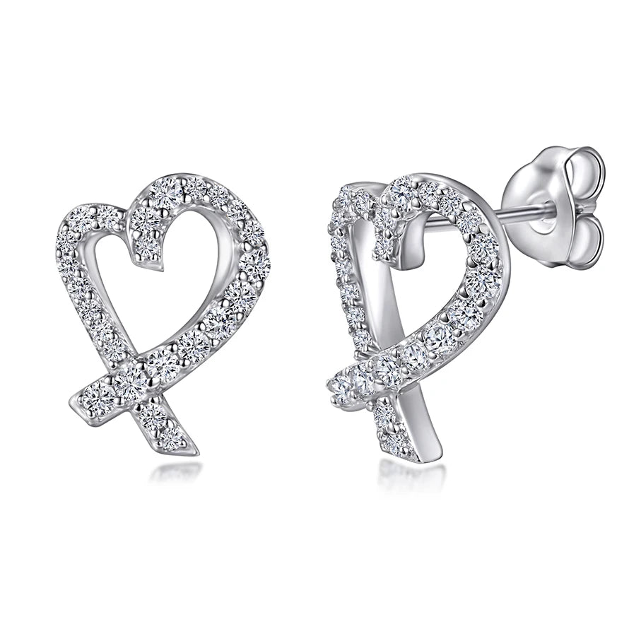 Luxury Heart Earring Studs Hollow Out Design Full-diamond Jewelry Rhodium Plating 925 Silver Earring Studs