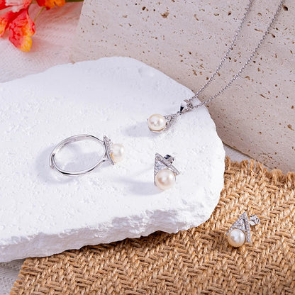 Fashionable 925 silver jewelry set, pearl jewelry, earrings, rings, necklaces, perfect for various occasions such as weddings.