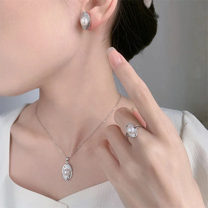 High quality high end 925 sterling silver earrings stud necklace pearl pendant ring set for woman jewelry