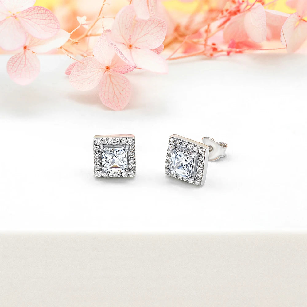 Custom Logo Halo Earring Accessory Princess Cut 5.0mm Rhodium Plating 925 Sterling Silver Earring Studs for Women